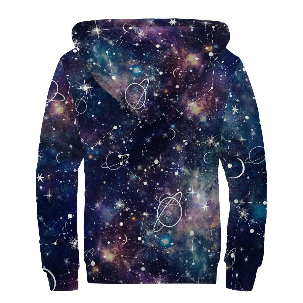 Constellation Galaxy Space Print Sherpa Lined Zip Up Hoodie For Boho Hippie Autism