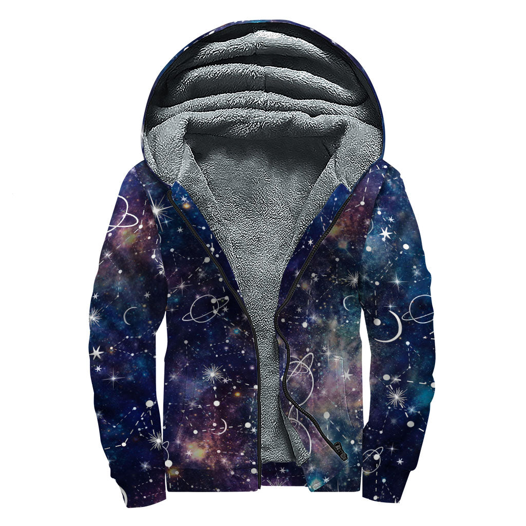 Constellation Galaxy Space Print Sherpa Lined Zip Up Hoodie For Boho Hippie Autism