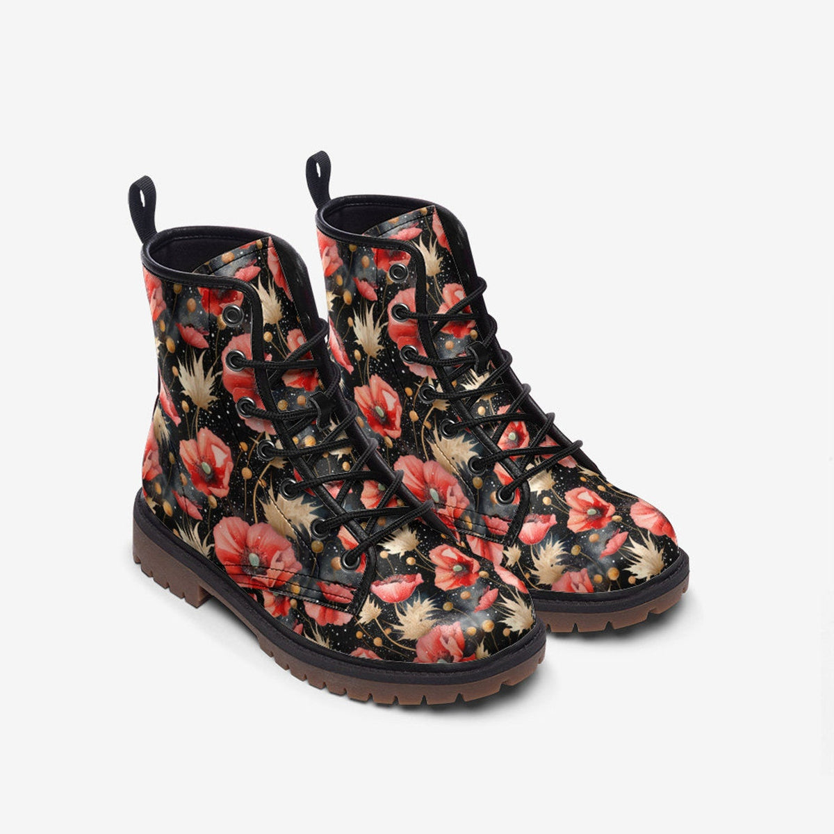 Hippie Art Zone - Cornflowers &amp; Poppy Flowers Vegan Leather Combat Boots For Hippies