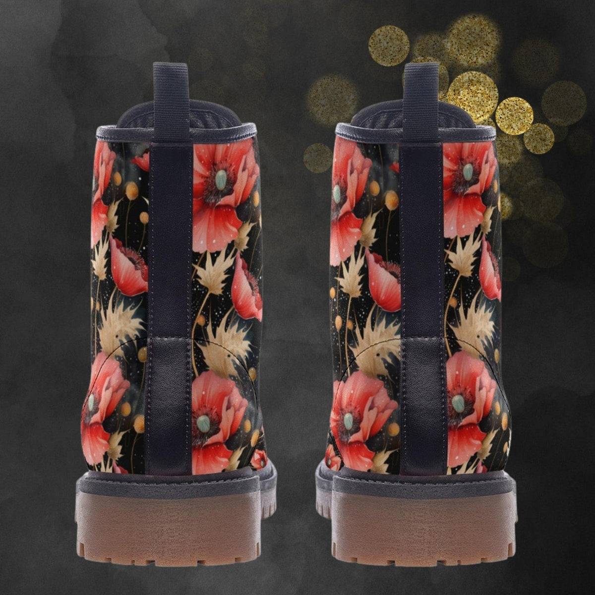 Hippie Art Zone - Cornflowers &amp; Poppy Flowers Vegan Leather Combat Boots For Hippies