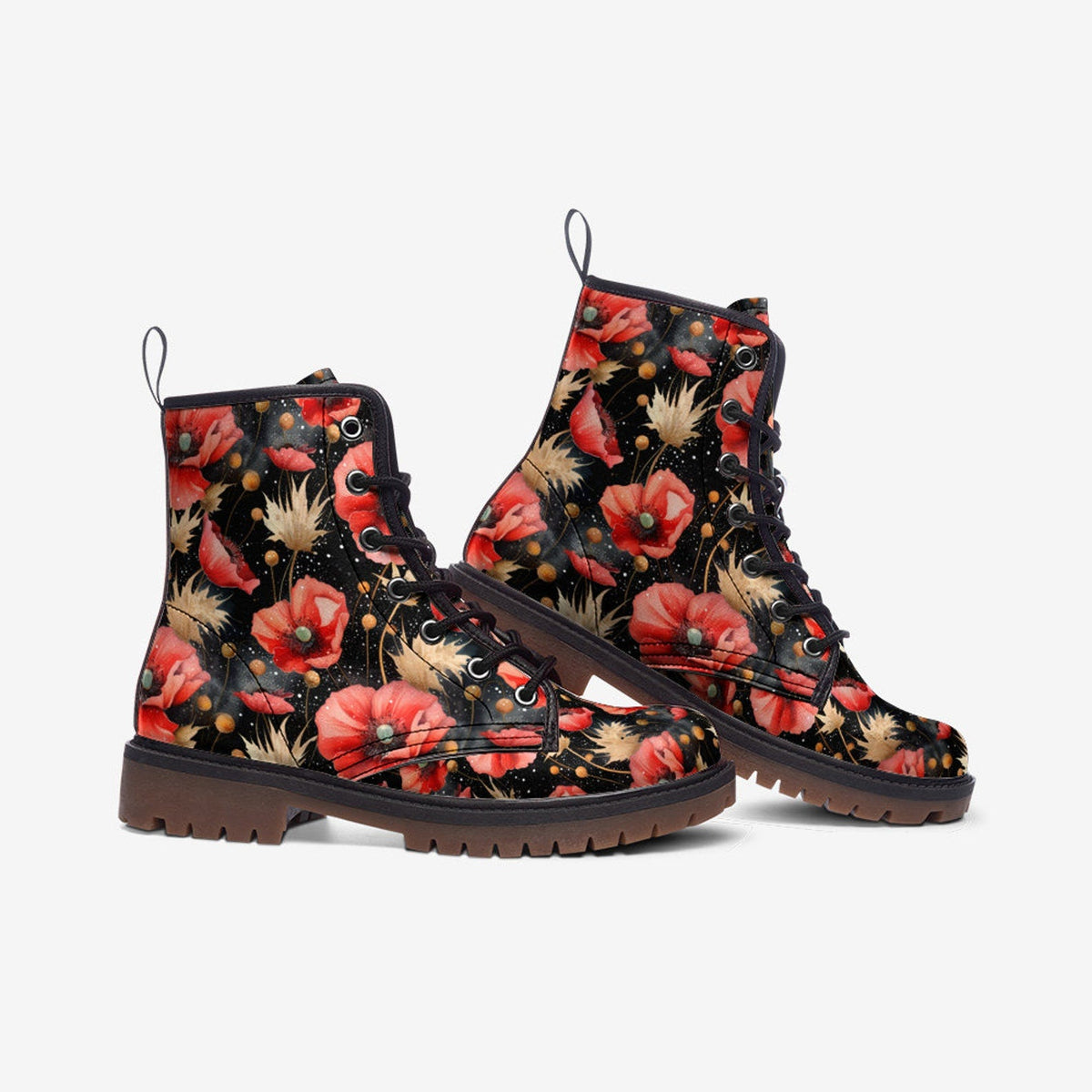 Hippie Art Zone - Cornflowers &amp; Poppy Flowers Vegan Leather Combat Boots For Hippies