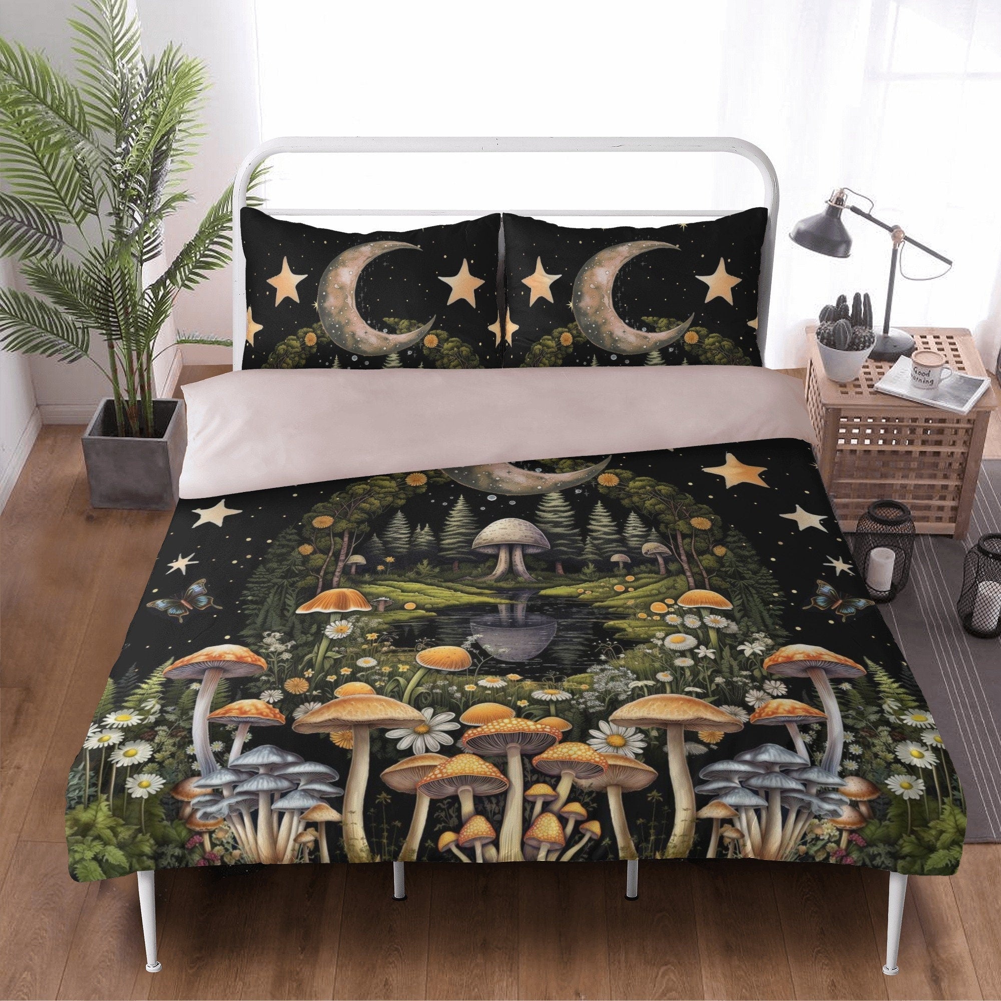 Cottagecore Fairyland Mushroom, Celestial Moon Bedding Set For Hippies