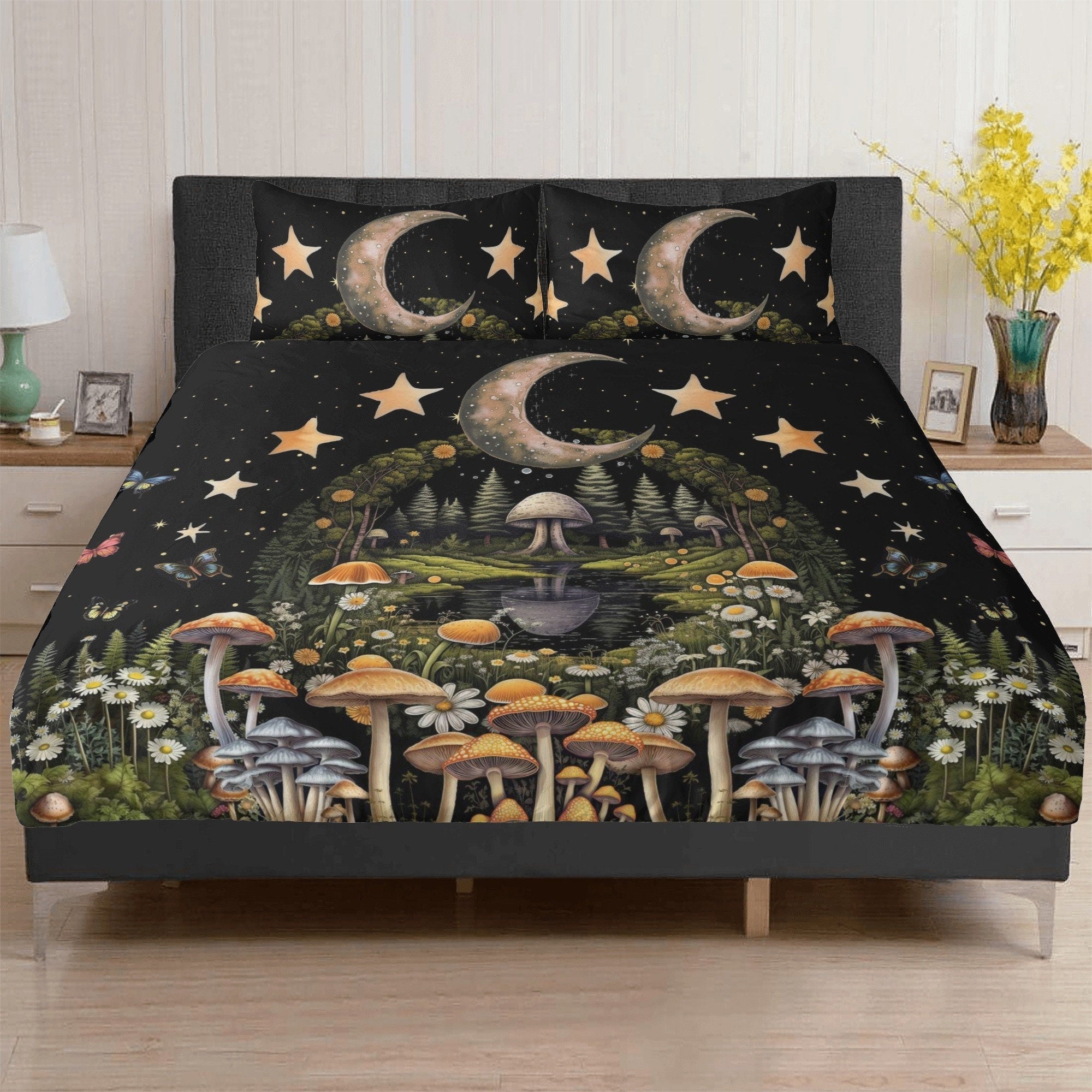 Cottagecore Fairyland Mushroom, Celestial Moon Bedding Set For Hippies