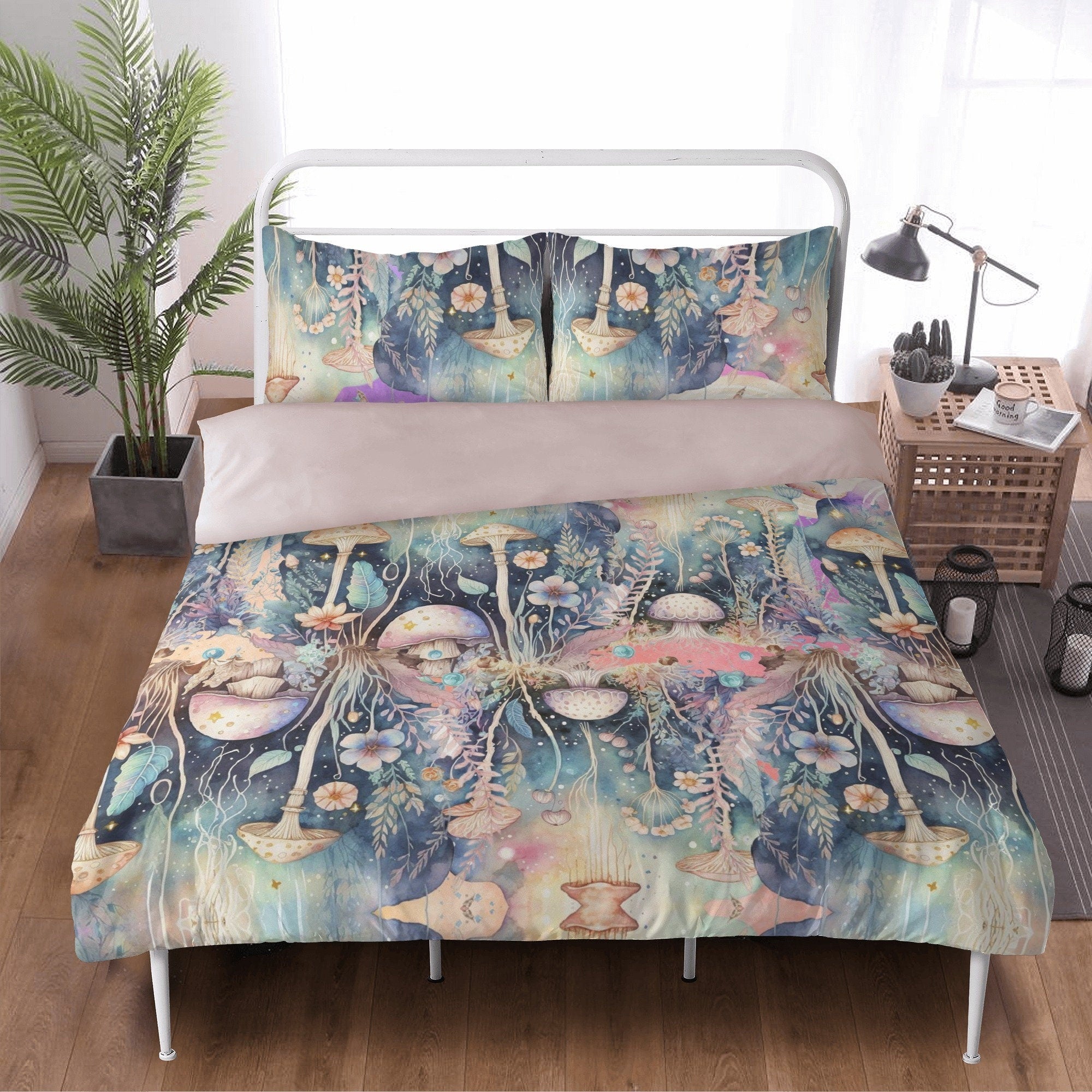 Cottagecore Rainbow Dreamy Mushroom Forest 3 Pcs Beddings For Hippie