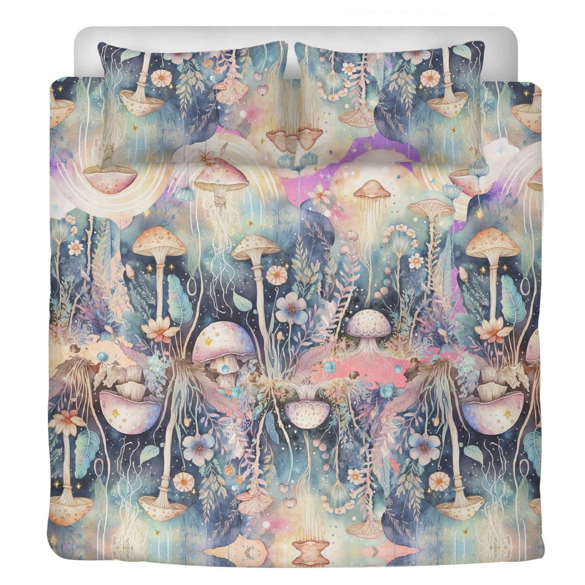 Cottagecore Rainbow Dreamy Mushroom Forest 3 Pcs Beddings For Hippie