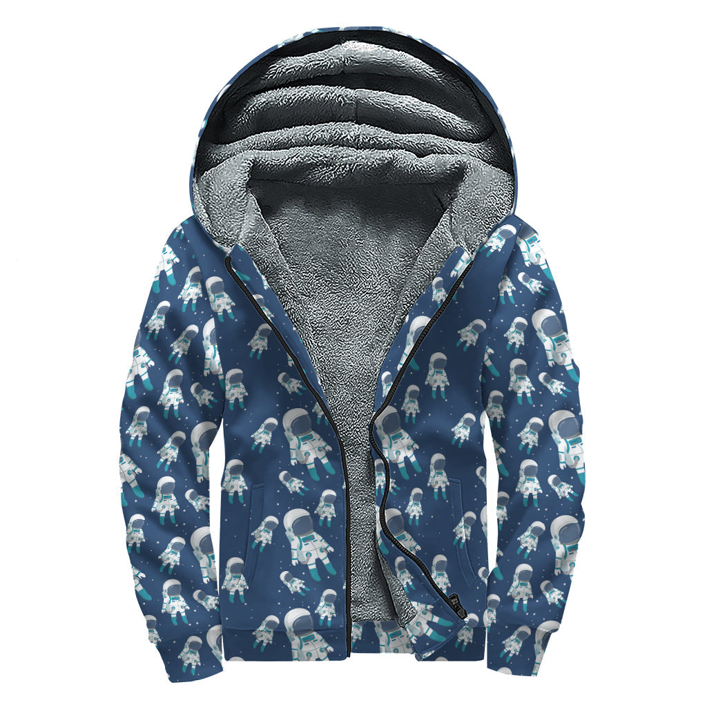 Cute Astronaut Pattern Print Sherpa Lined Zip Up Hoodie For Boho Hippie Autism