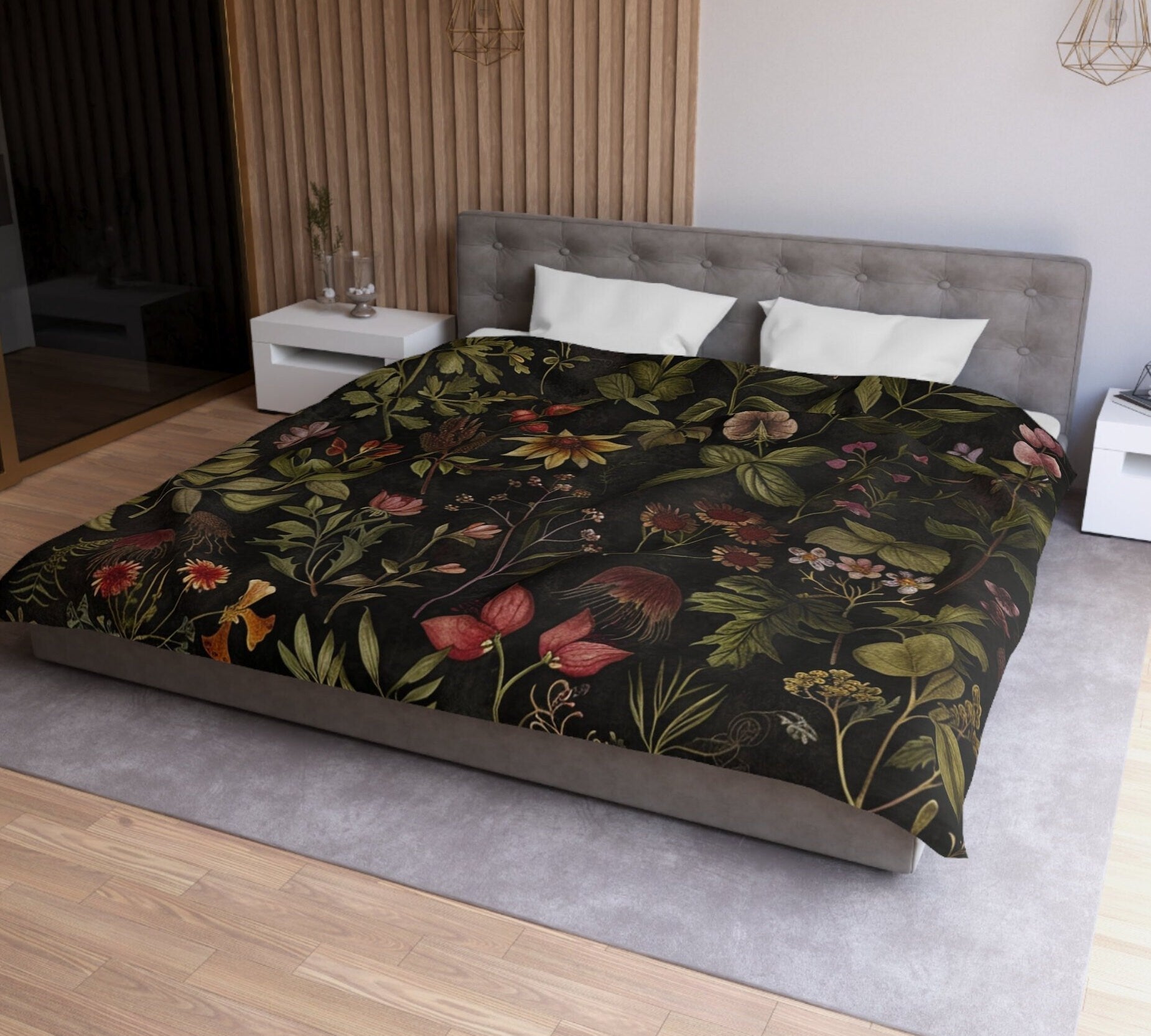 Hippie Art Zone - Dark Academia Cottagecore Black, Moody Botanical Bedding Set For Hippies