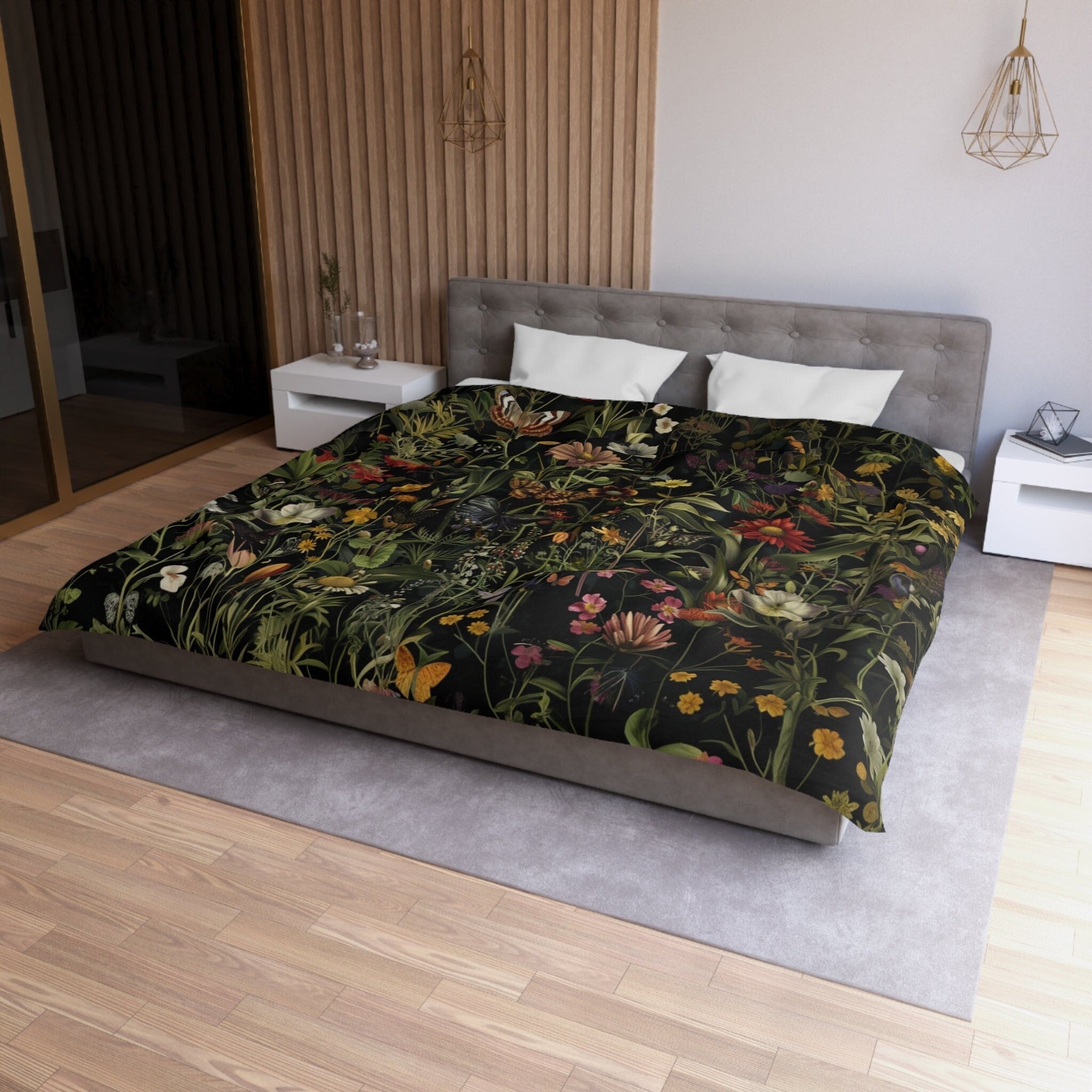 Hippie Art Zone - Dark Botanical Wildflower Duvet Cover, Bedding Set For Hippies