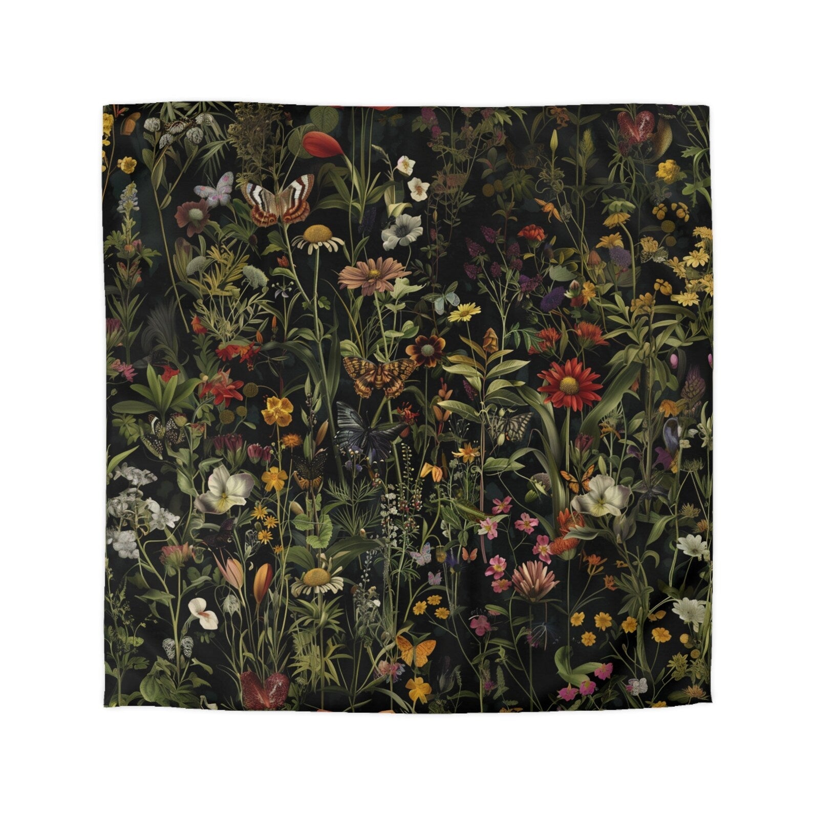 Hippie Art Zone - Dark Botanical Wildflower Duvet Cover, Bedding Set For Hippies