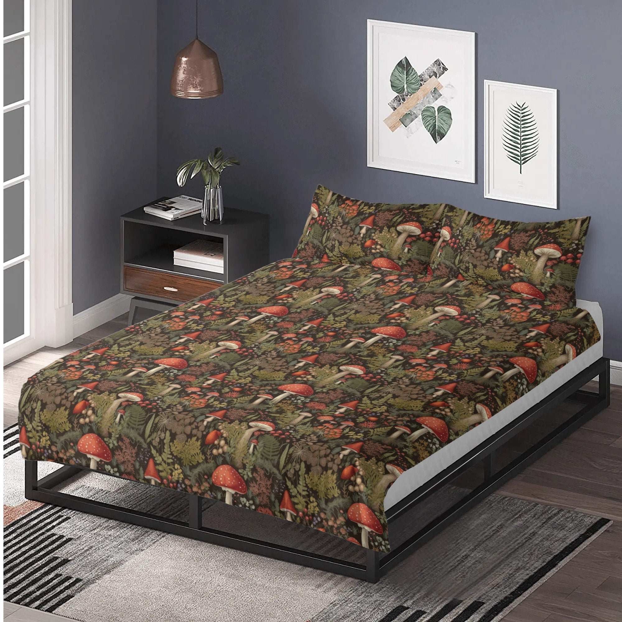 Dark Cottage Core, Spotted Mushroom Bedding Set For Hippies