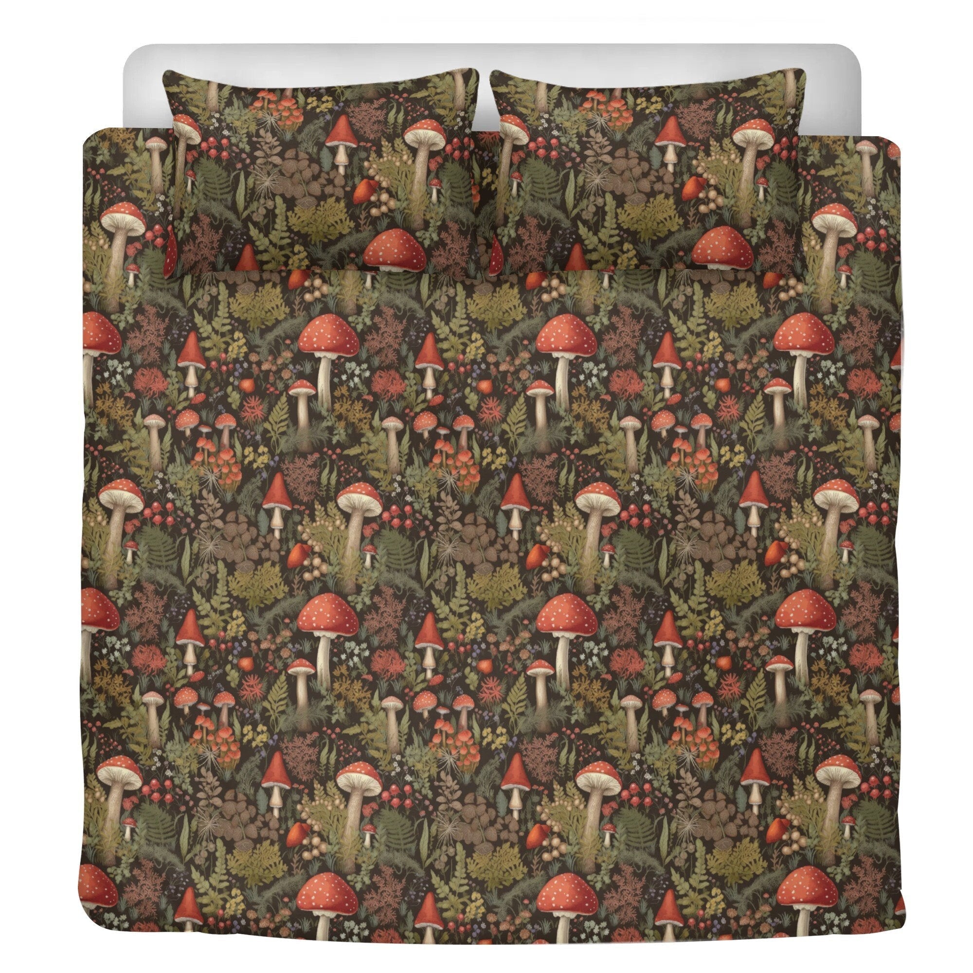 Dark Cottage Core, Spotted Mushroom Bedding Set For Hippies