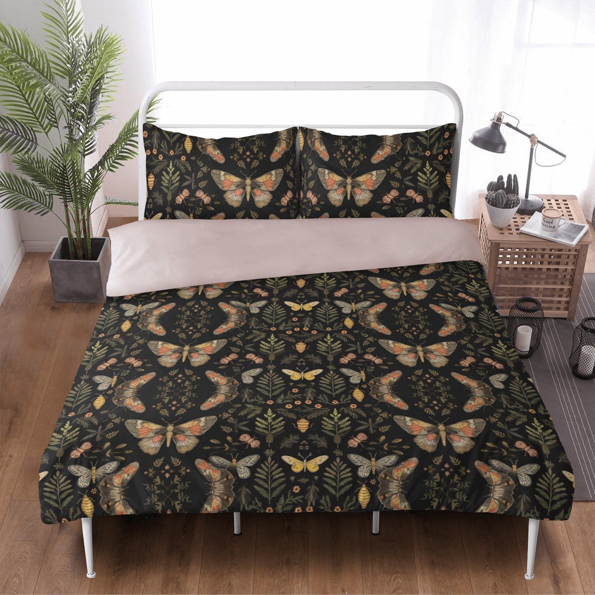 Dark Cottagecore Forest, Moth Butterflies Bedding Set For Hippies