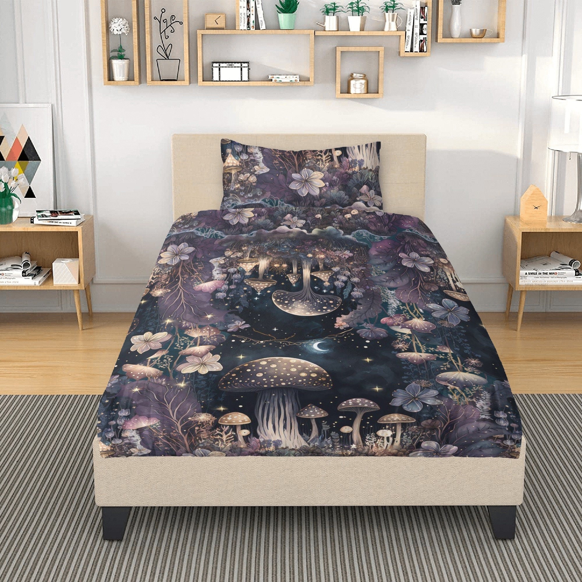 Dark Cottagecore Mushroom Moon Forest Bedding Set For Hippies