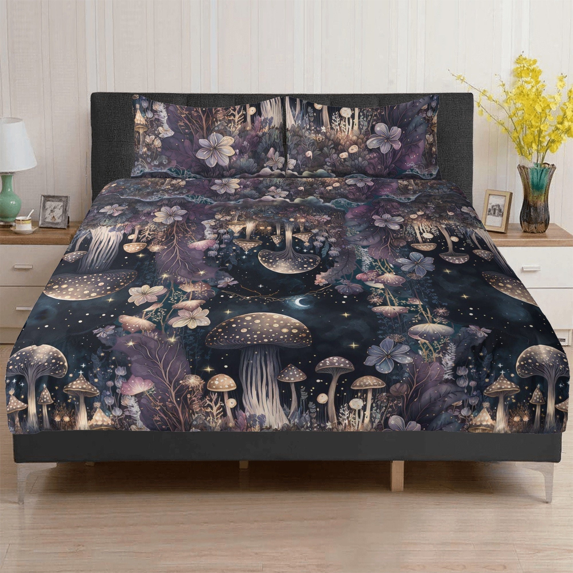Dark Cottagecore Mushroom Moon Forest Bedding Set For Hippies