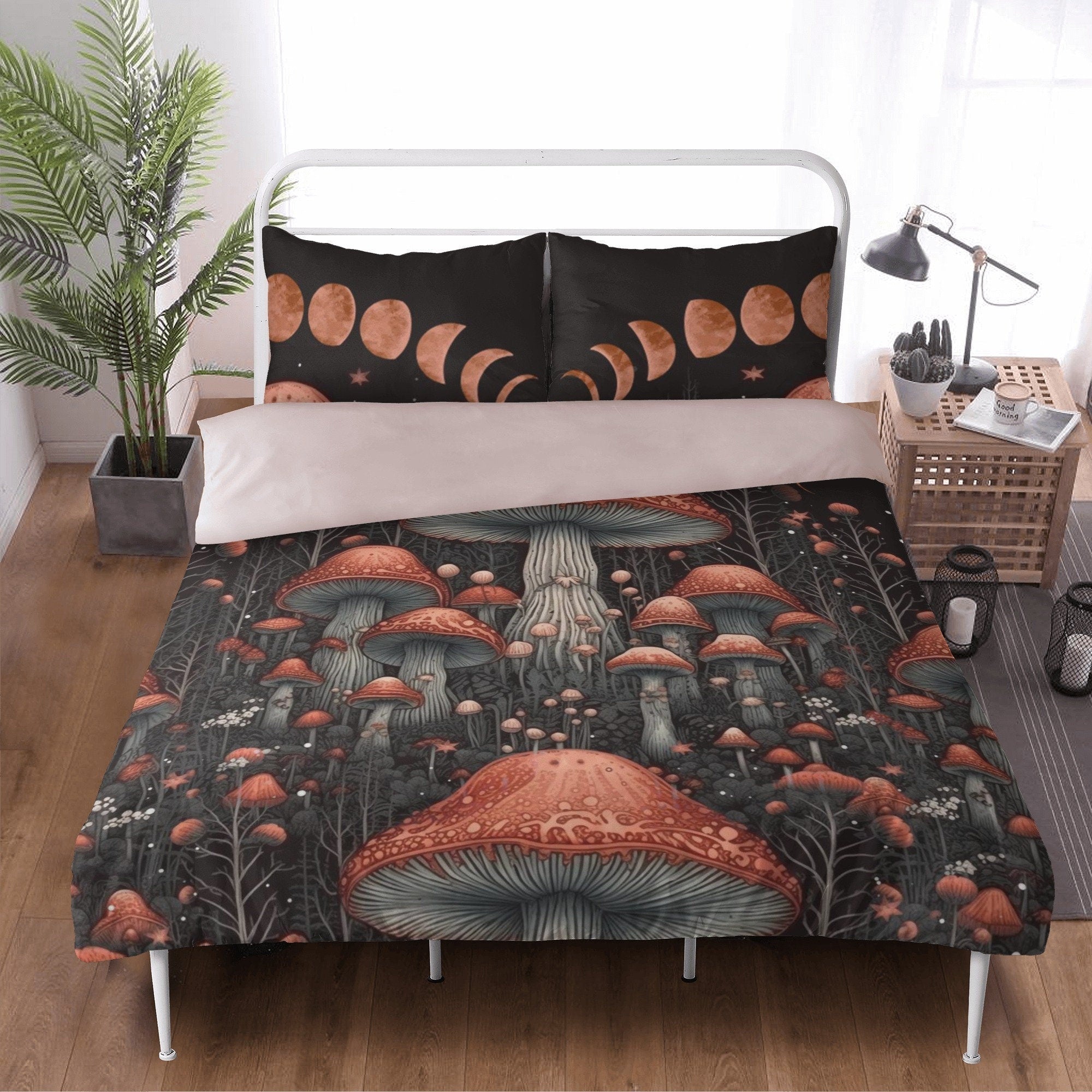 Dark Cottagecore Red Mushroom Forest Bedding Set For Hippies