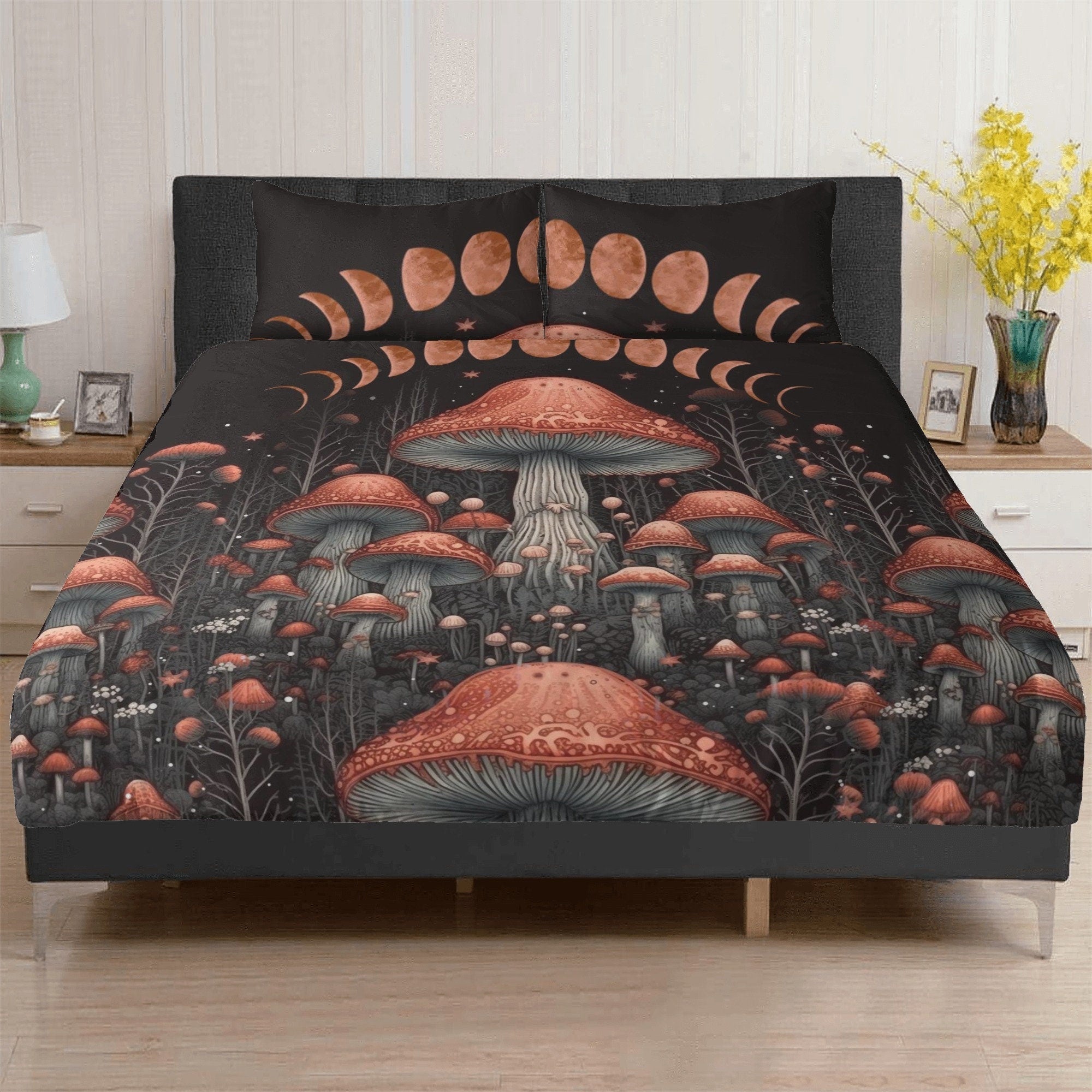 Dark Cottagecore Red Mushroom Forest Bedding Set For Hippies
