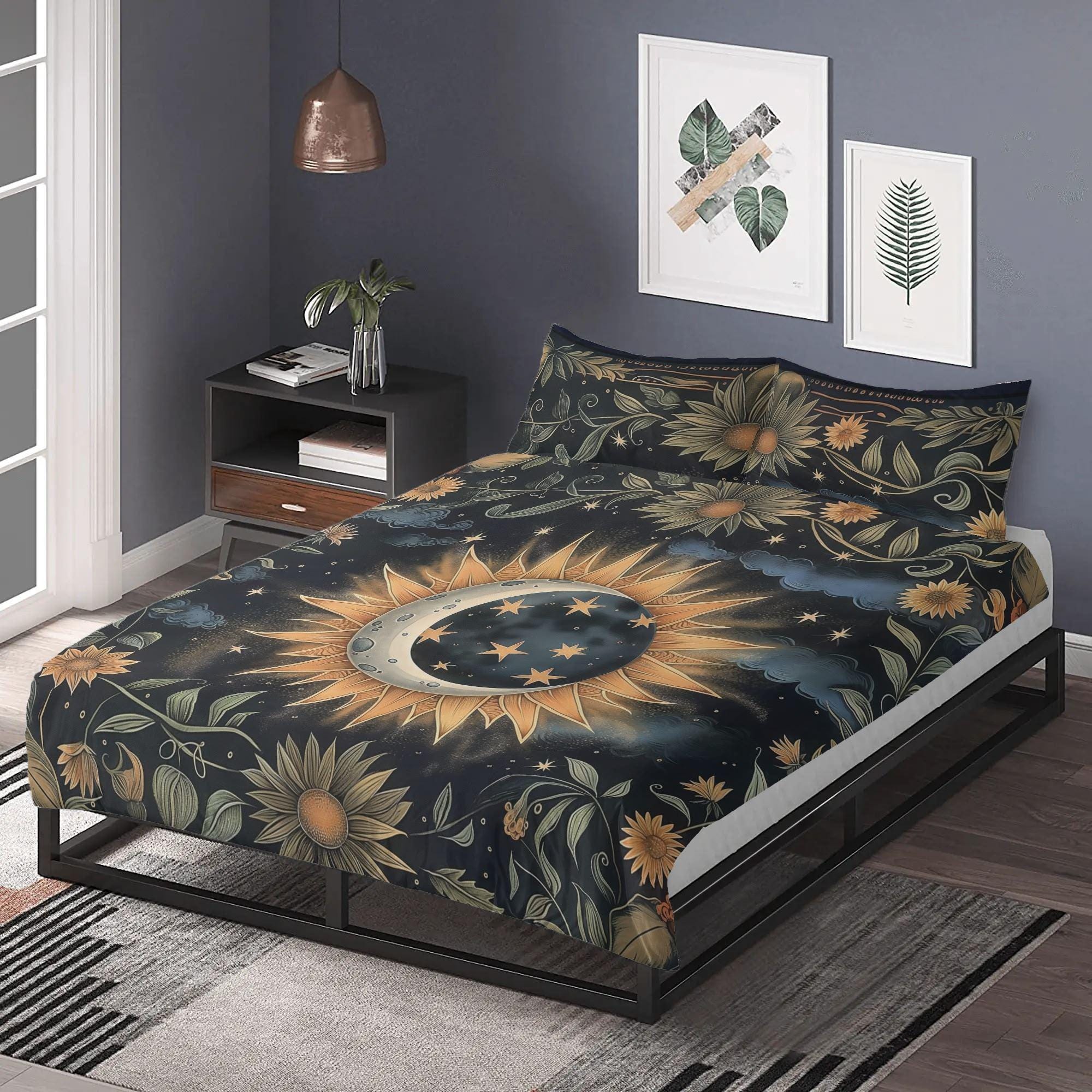 Dark Cottagecore Sun Moon Stars Bedding Set For Hippies