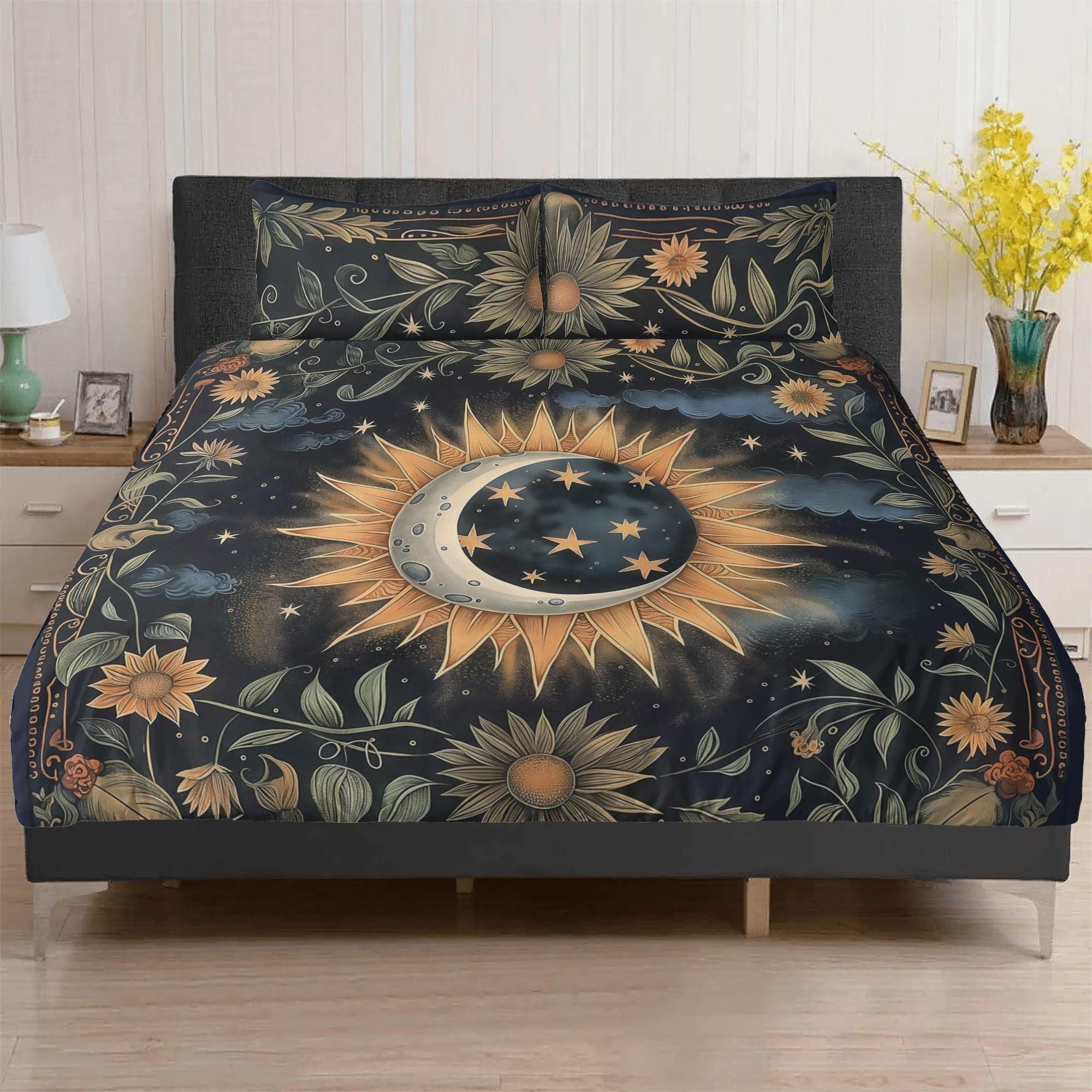 Dark Cottagecore Sun Moon Stars Bedding Set For Hippies