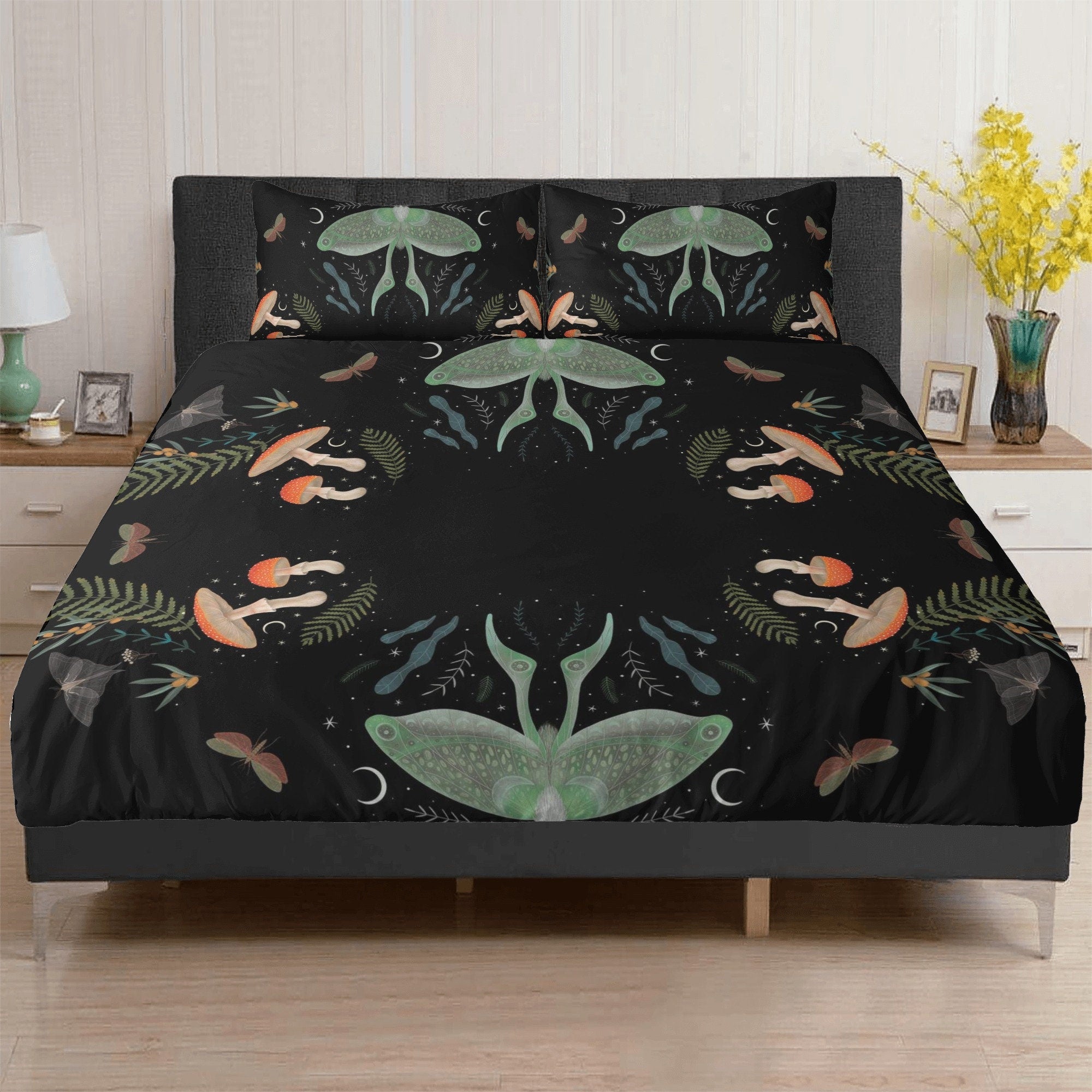 Dark Cottagecore Witchy Mushroom Forest Bedding Set For Hippies