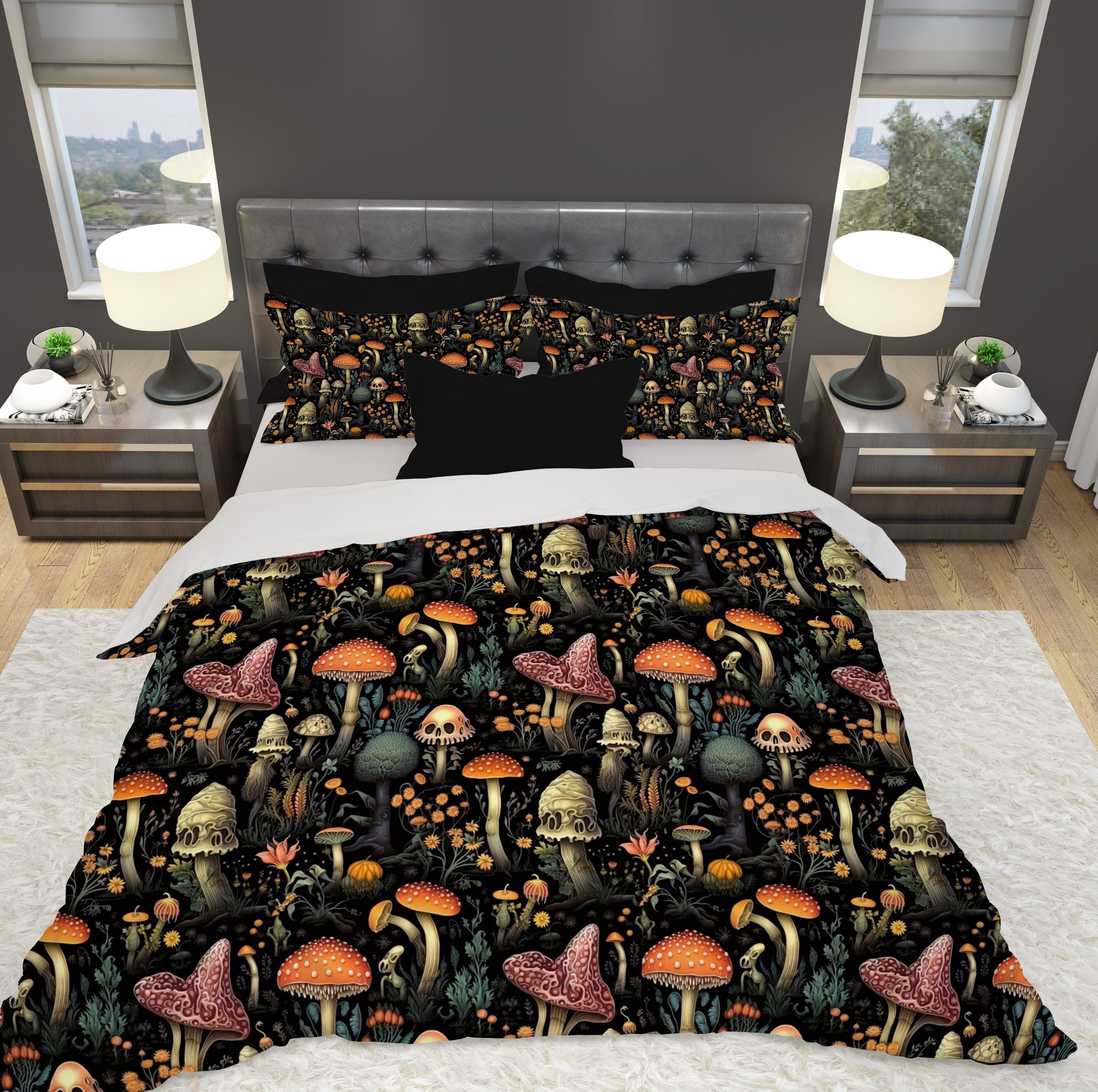 Hippie Art Zone - Dark Dweller Mushroom Duvet Cover, Bedding Set For Hippies