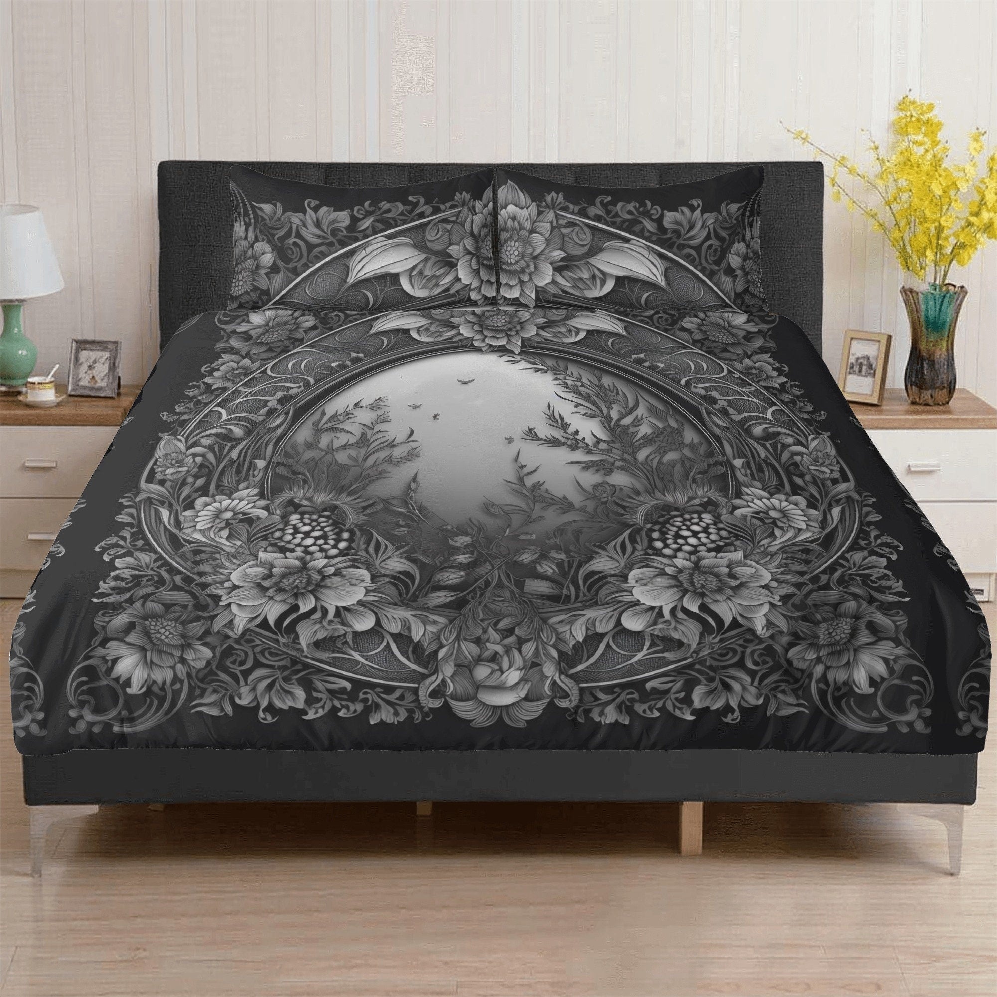 Dark Cottagecore Botanical Forest Dark Grey