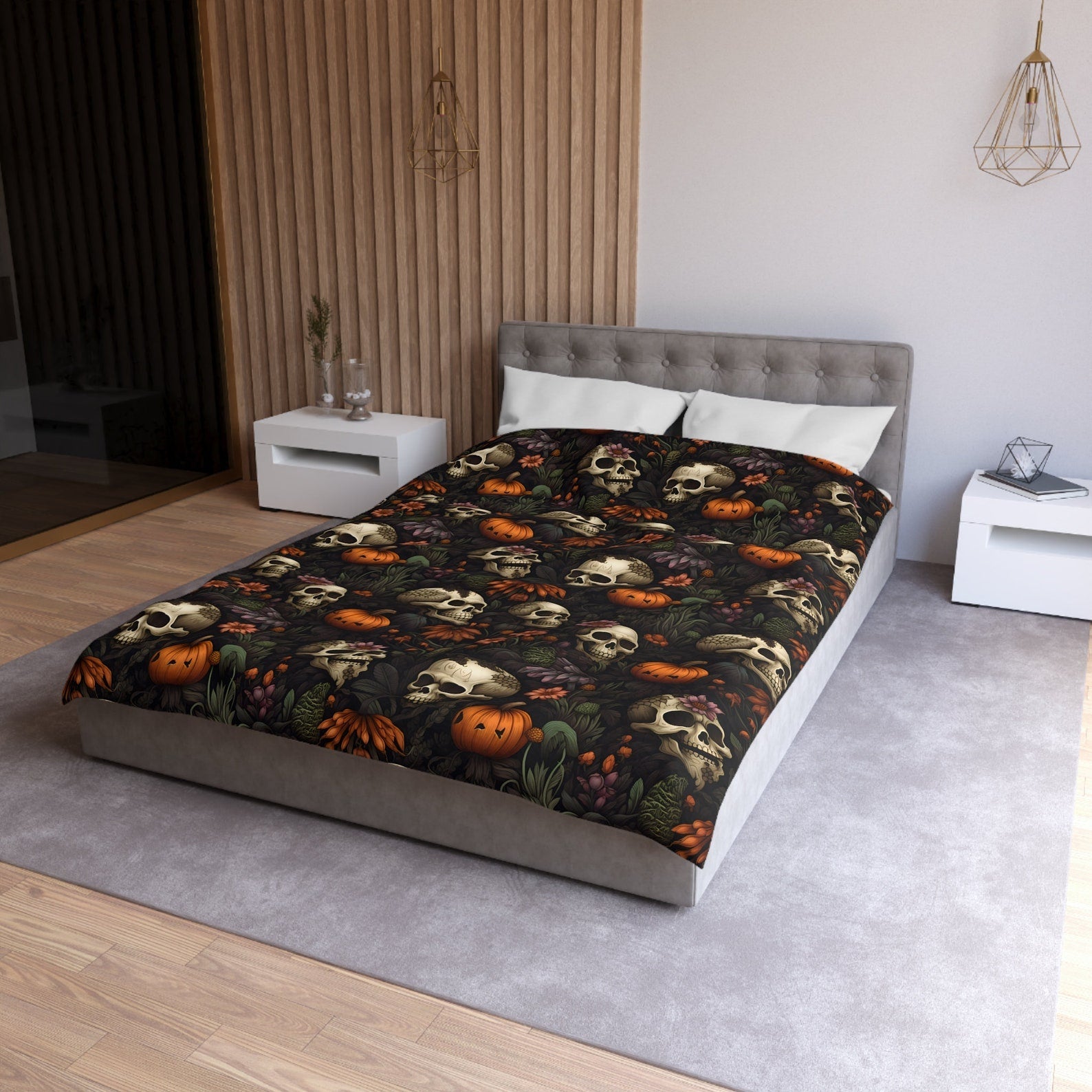 Hippie Art Zone - Dead Harvest Garden, Pumpkin Halloween Skull Bedding Set For Hippies