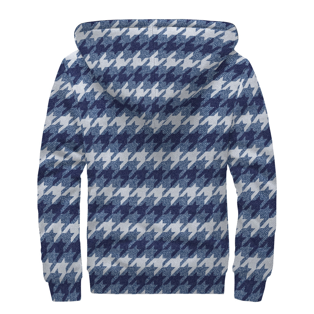 Denim Houndstooth Pattern Print Sherpa Lined Zip Up Hoodie For Boho Hippie Autism