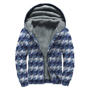 Denim Houndstooth Pattern Print Sherpa Lined Zip Up Hoodie For Boho Hippie Autism