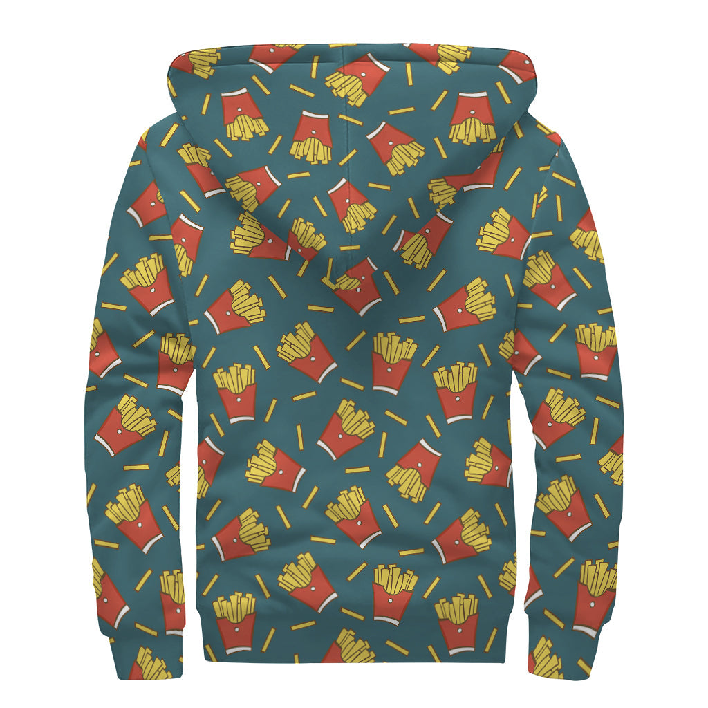 Doodle French Fries Pattern Print Sherpa Lined Zip Up Hoodie For Boho Hippie Autism