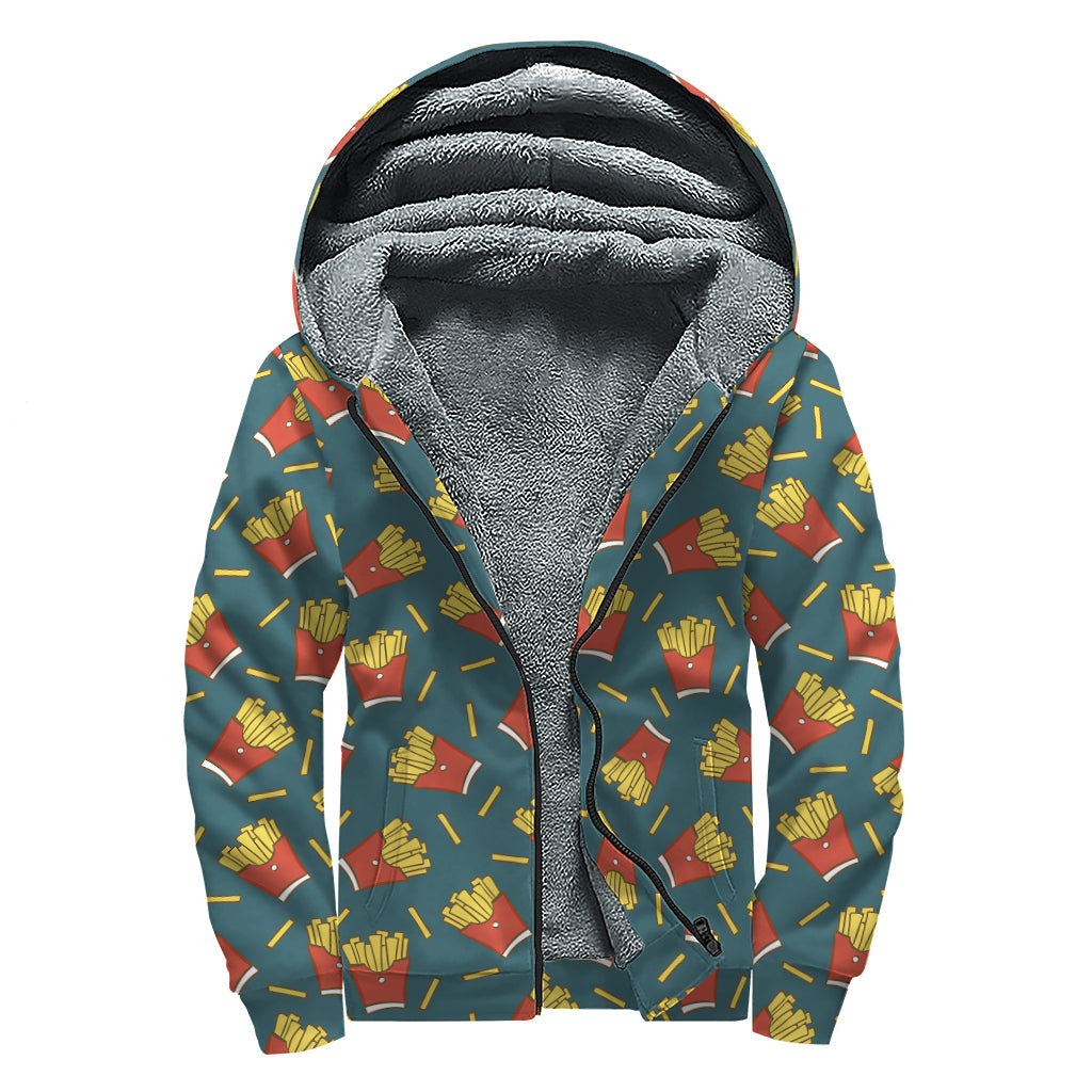 Doodle French Fries Pattern Print Sherpa Lined Zip Up Hoodie For Boho Hippie Autism