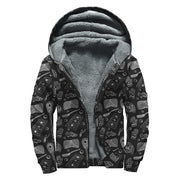 Doodle Lacrosse Pattern Print Sherpa Lined Zip Up Hoodie For Boho Hippie