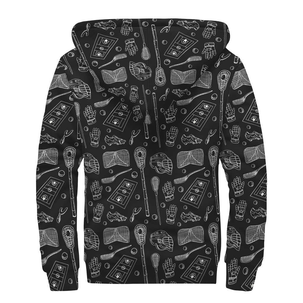 Doodle Lacrosse Pattern Print Sherpa Lined Zip Up Hoodie For Boho Hippie