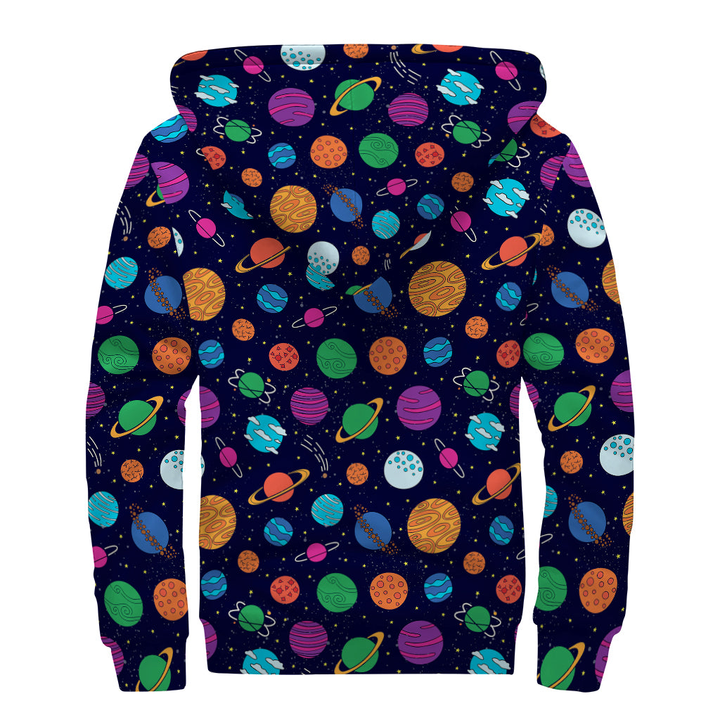 Doodle Planets Pattern Print Sherpa Lined Zip Up Hoodie For Boho Hippie