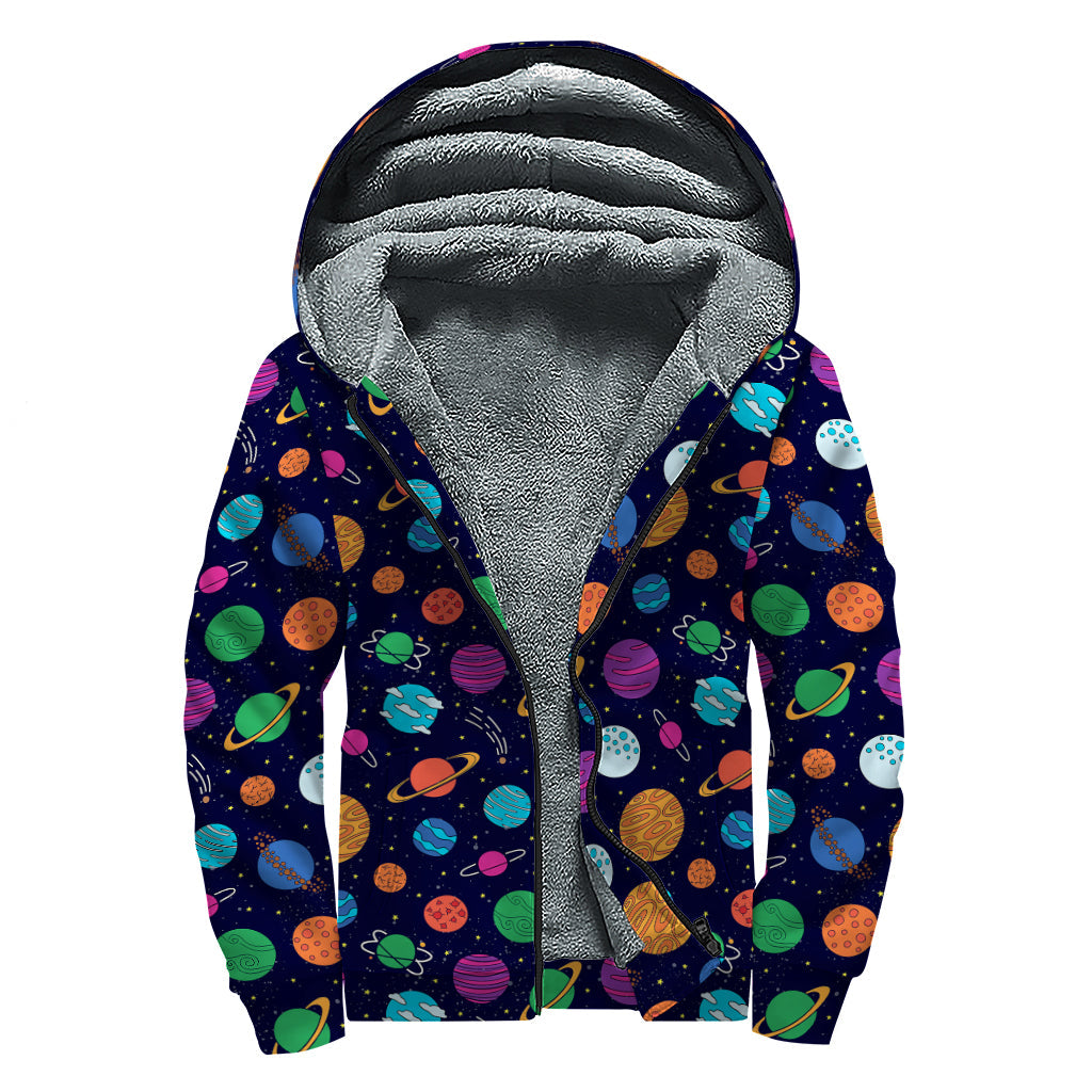 Doodle Planets Pattern Print Sherpa Lined Zip Up Hoodie For Boho Hippie