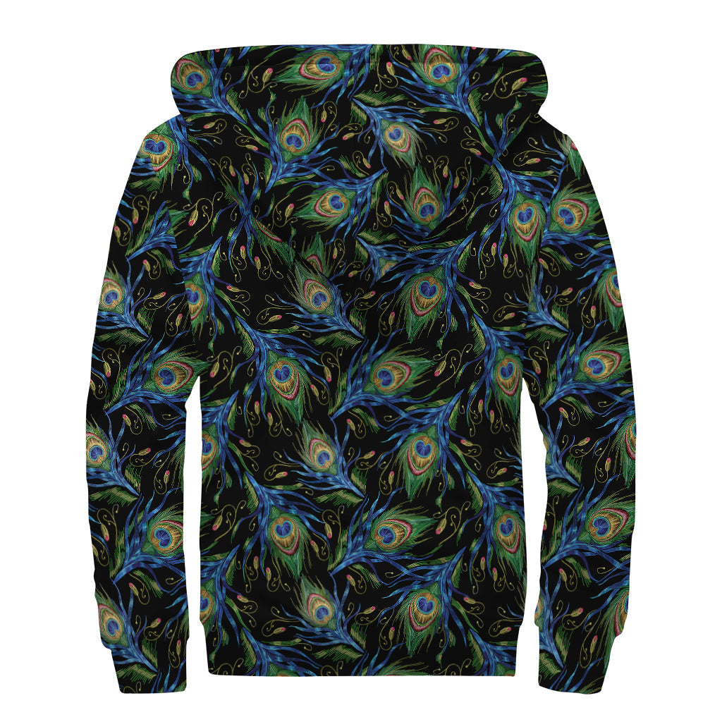 Embroidery Peacock Feather Print Sherpa Lined Zip Up Hoodie For Boho Hippie Autism