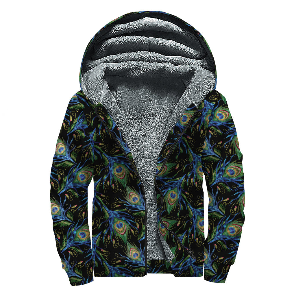 Embroidery Peacock Feather Print Sherpa Lined Zip Up Hoodie For Boho Hippie Autism