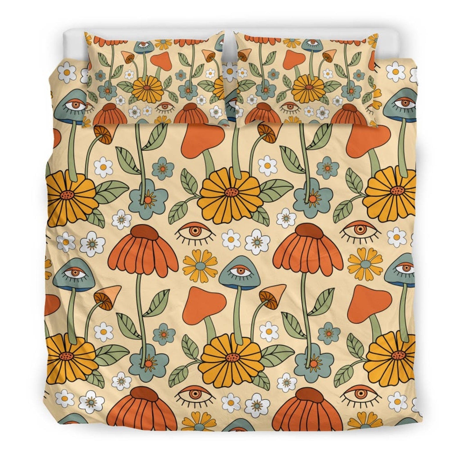 Hippie Art Zone - Mushroom Duvet Cover, Boho Flower Bedding, Bedding Set For Hippies