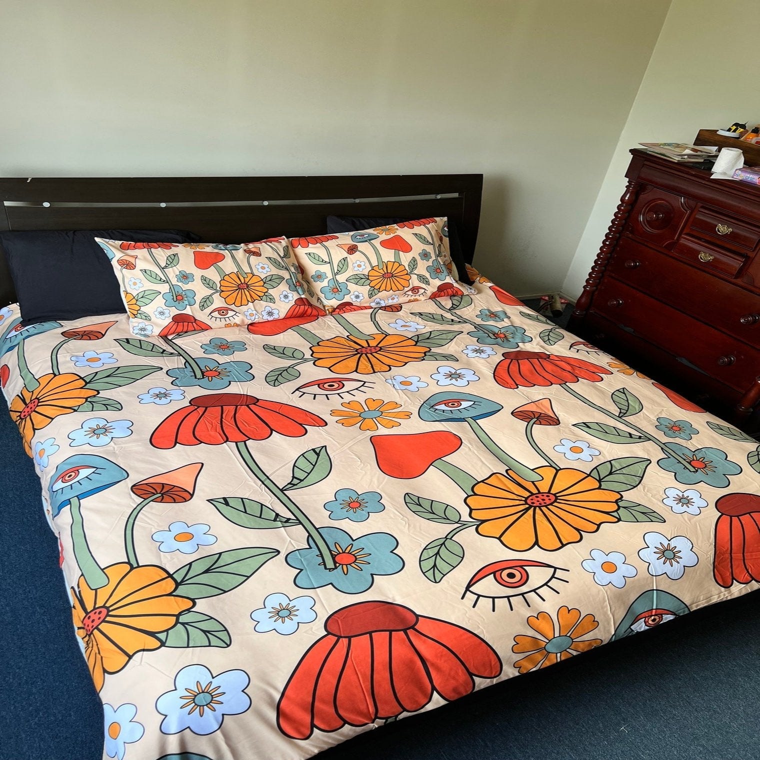 Hippie Art Zone - Mushroom Duvet Cover, Boho Flower Bedding, Bedding Set For Hippies