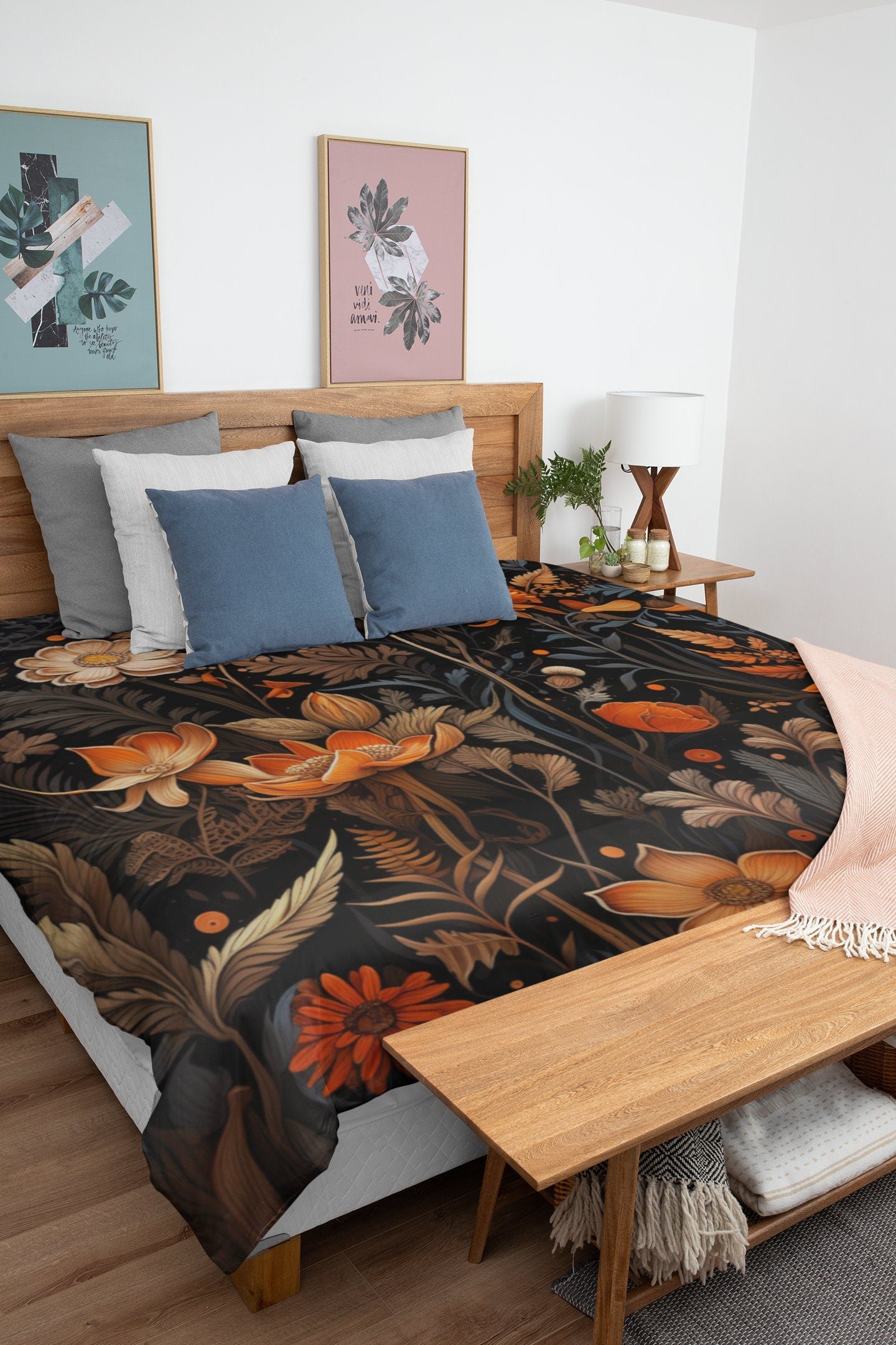 Hippie Art Zone - Dark Academia Autumn Leaves and Flowers, Halloween Bedding Set For Hippies
