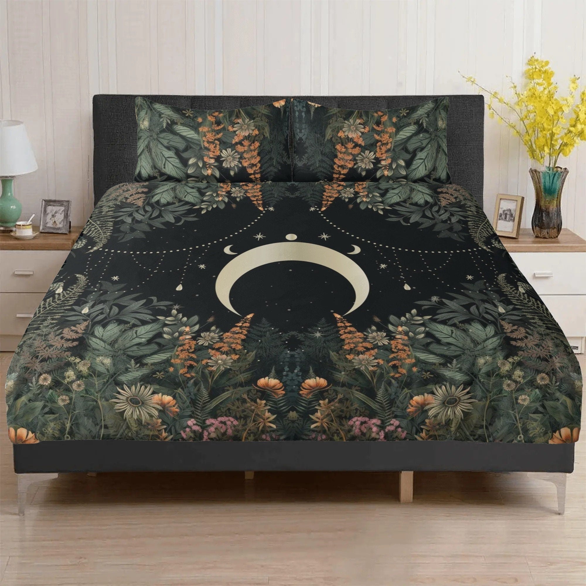 Dark Cottagecore, Fern Flower Forest Bedding Set For Hippies