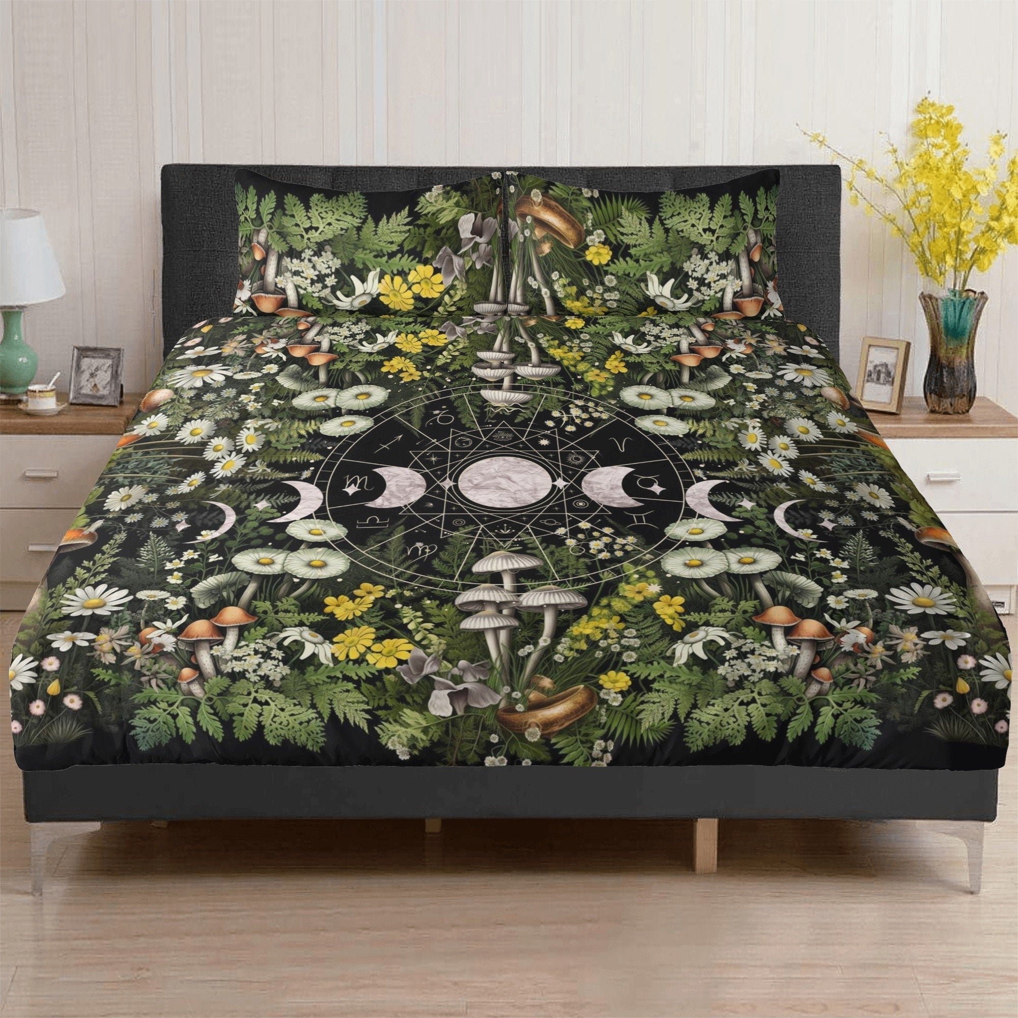 Dark Cottagecore, Mushroom Daisy, Celestial Moon Bedding Set For Hippies