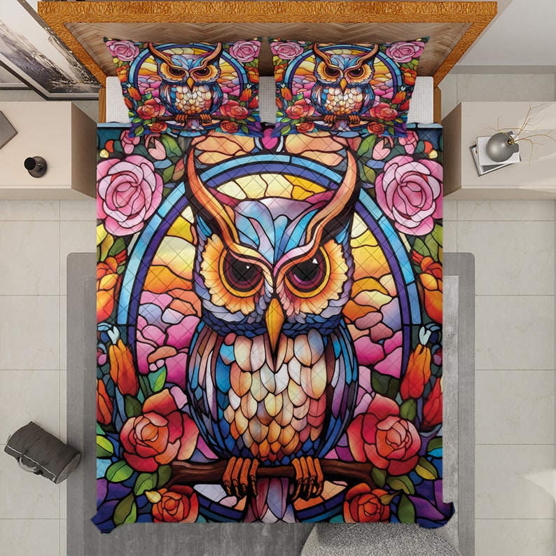 Hippie Art Zone - Vintage Wildlife Owl with Flowers Quilt Bedding Set For Hippie