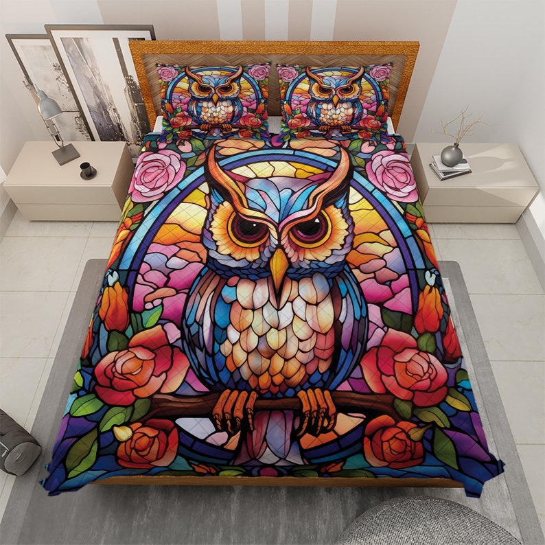 Vintage Wildlife Owl with Flowers Quilt Bedding Set For Hippie