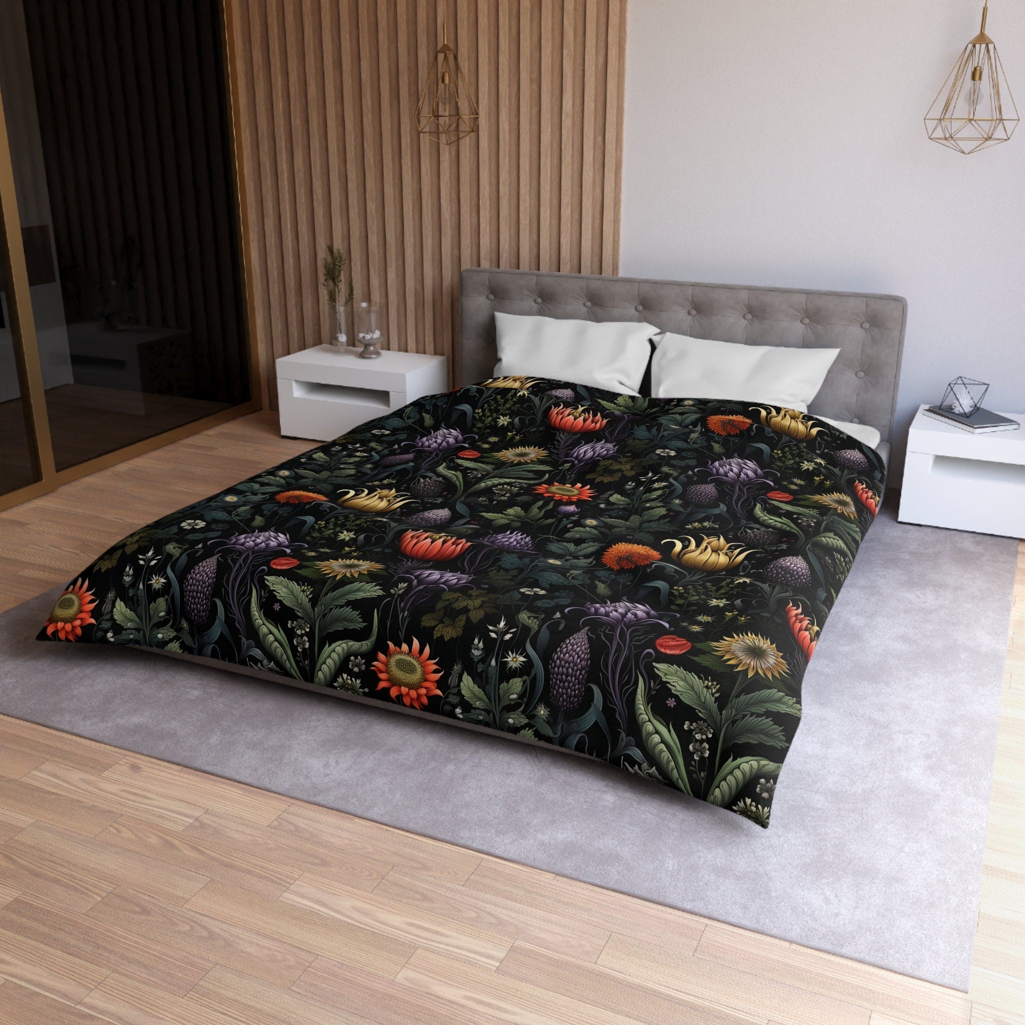 Hippie Art Zone - Enchanted Autumn Floral, Halloween Witchy Flowers Bedding Set For Hippies
