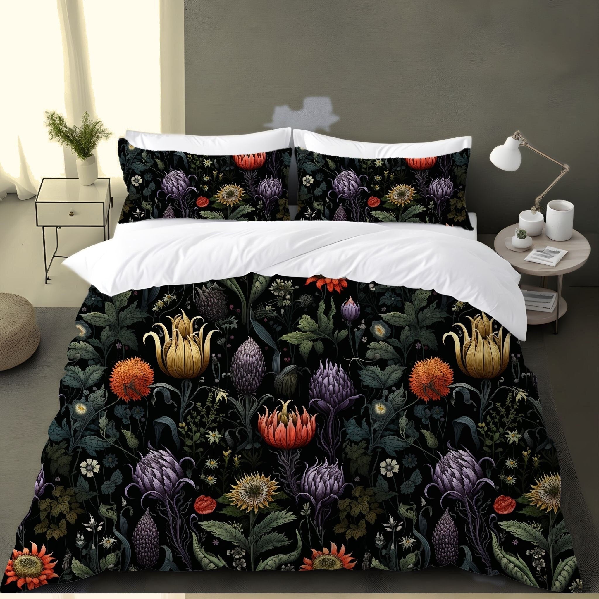 Hippie Art Zone - Enchanted Autumn Floral, Halloween Witchy Flowers Bedding Set For Hippies