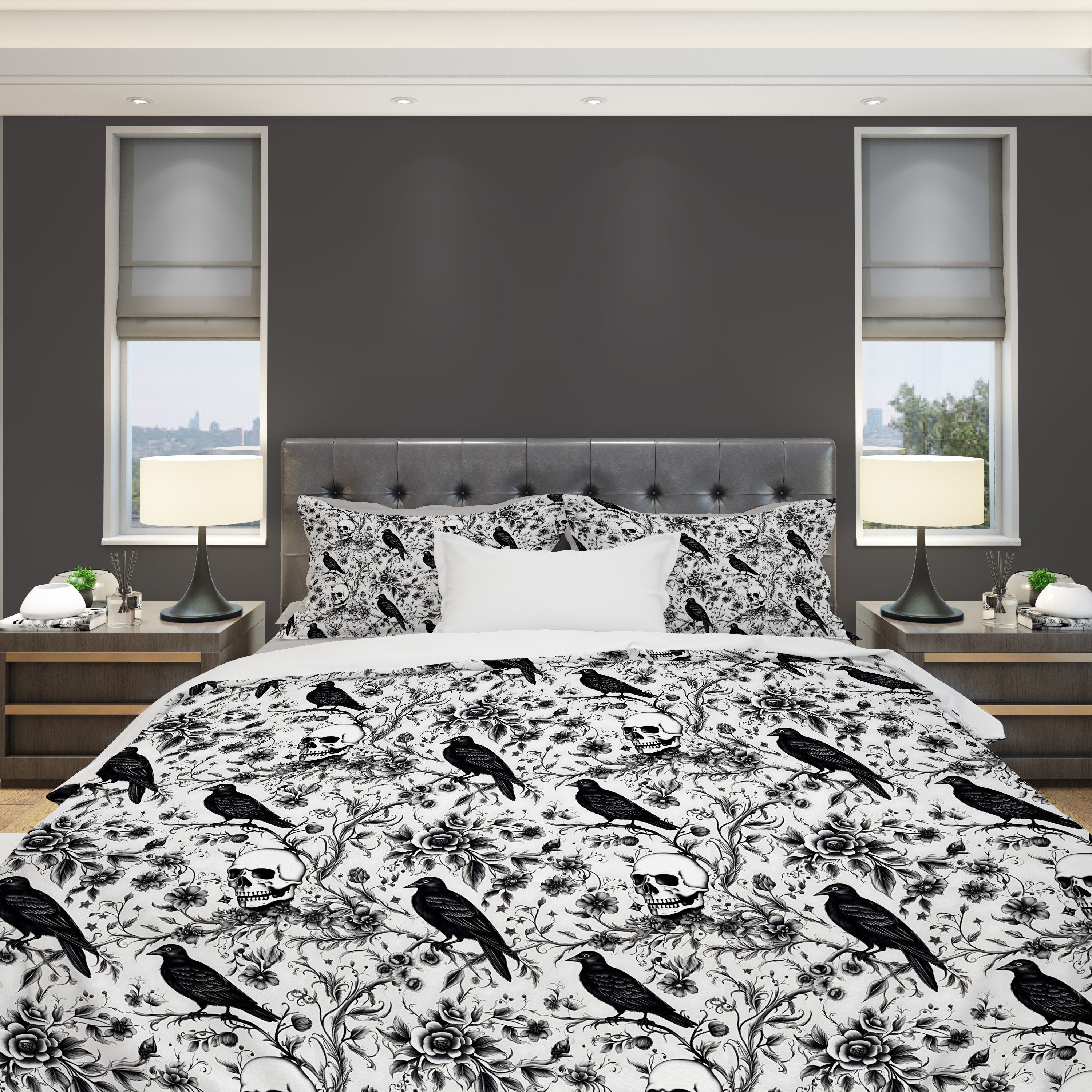 Hippie Art Zone - Enchanted Autumn, Halloween Raven Skull Garden Bedding Set For Hippies