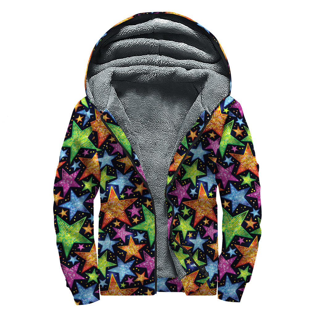 Fantastic Star Pattern Print Sherpa Lined Zip Up Hoodie For Boho Hippie Autism