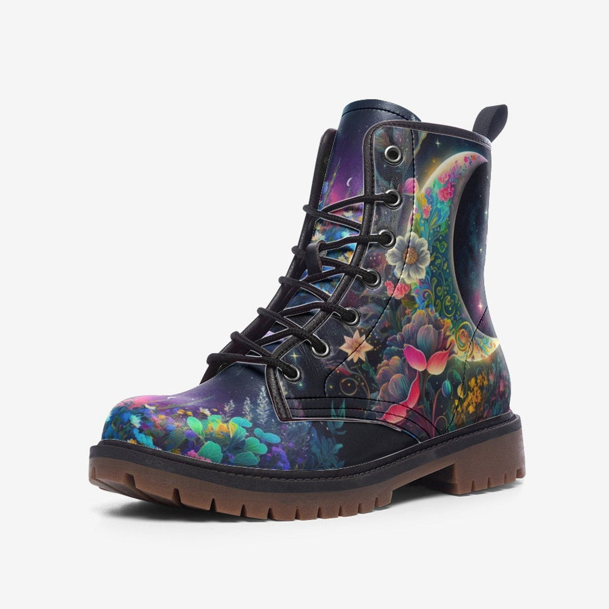 Hippie Art Zone - Fantasy Garden Tribal Moon Vegan Leather Combat Boots For Hippies