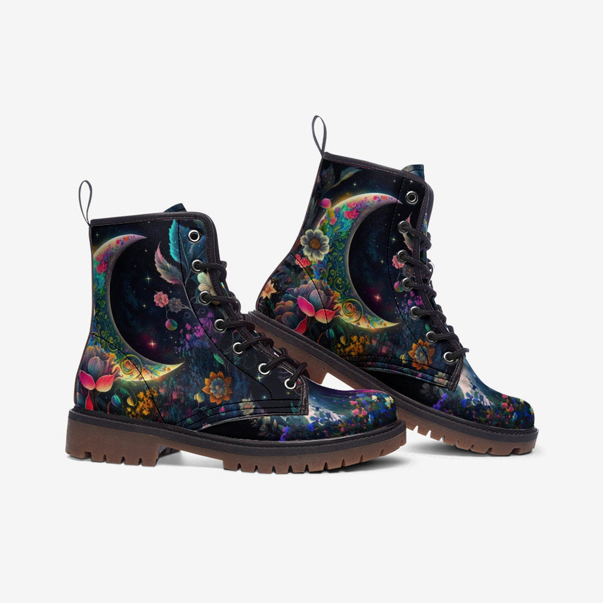 Hippie Art Zone - Fantasy Garden Tribal Moon Vegan Leather Combat Boots For Hippies