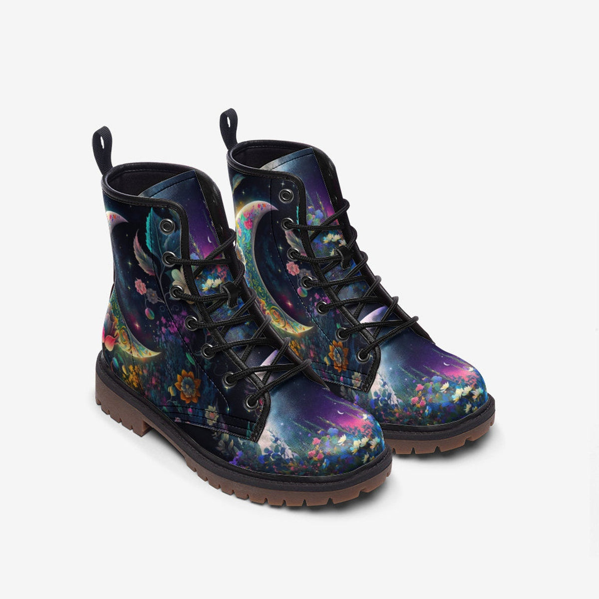 Hippie Art Zone - Fantasy Garden Tribal Moon Vegan Leather Combat Boots For Hippies